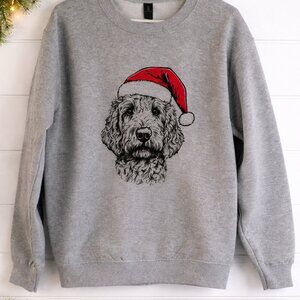Christmas Dog Sweatshirt Santa Hat Gray Gildan S